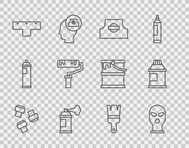Çizgi İşaretleyici kalem eklentisi, kar maskesi, sprey başlık, boya spreyi, paten fırçası ve boya, guaj, kavanoz, boya ikonu. Vektör