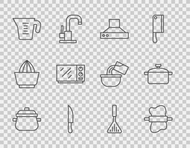 Hattı kur, hamurun üzerinde merdane, mutfak fanı, bıçak, ölçü kabı, mikrodalga fırın, barbekü spatulası ve ikon. Vektör