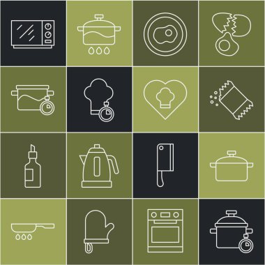 Sabit hat yemek pişirme kabı, bir paket biber, çırpılmış yumurta, şef şapkası, mikrodalga fırın ve ikon. Vektör