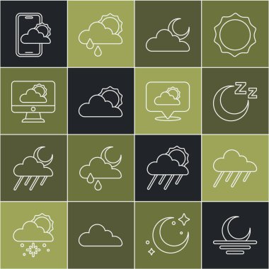 Gün batımı, yağmurlu Bulut, uyku zamanı, ay ve bulut hava durumu, hava tahmini ve konum ikonu. Vektör