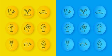 Saha çizgisi tırmığı, orman, içinde çiçek olan insan kafası, su kovası, bahçıvan şapkası ve filizlenme ikonu. Vektör