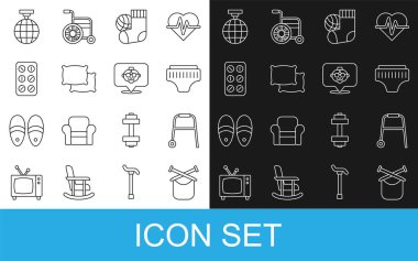 Örgüyü, Walker 'ı, yetişkin bezini, çorabı, yastığı, hap paketini, disko topunu ve büyükanne ikonunu ayarla. Vektör