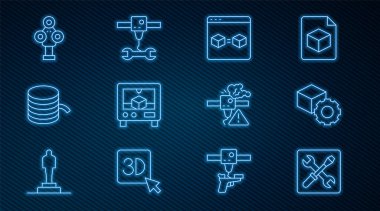 Satır 3D yazıcı ayarları, Isometric küp, mükemmel kopya, Tarayıcı, uyarı ve ingiliz anahtarı simgesi için iplik. Vektör