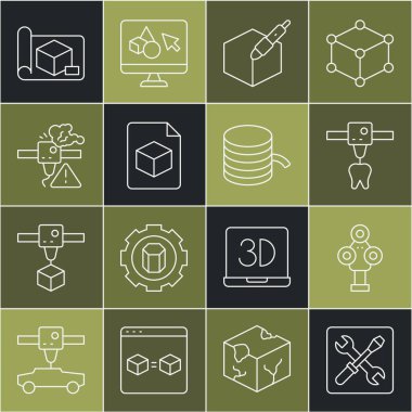 Satır 3D yazıcı ayarları, tarayıcı, diş, 3D kalem aracı, Isometric küp dosyası, uyarı, mühendislik ve filament simgesi için grafikleme kağıdı. Vektör