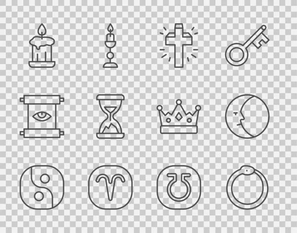 Set Line Yin Yang Ouroboros Christian Σταυρό Κριός Zodiac Burning — Διανυσματικό Αρχείο