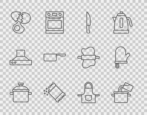 集烹饪锅 胡椒包 破碎蛋 平底锅 厨房围裙和烤箱手套图标为一体 — 图库矢量图片