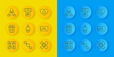 Set hattı uluslararası topluluk, hediye kutusu, arkadaş kaybı, yapboz parçaları oyuncağı, selfie mobil, gayri resmi selamlama, iyi ilişki ve en iyi arkadaş ikonu. Vektör