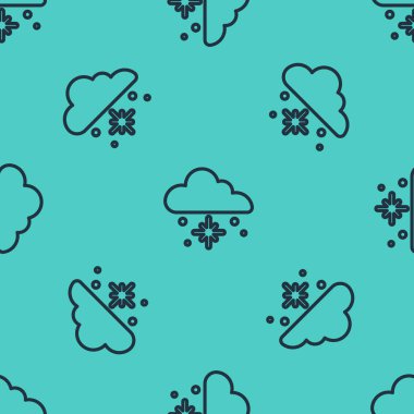 Kar ikonlu siyah çizgi bulutu yeşil arka planda izole edilmiş pürüzsüz desen. Kar taneli bulut. Tek hava ikonu. Kar tabelası. Vektör.