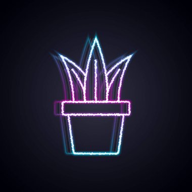 Parlayan neon hattı. Esrar ikonundaki bitki siyah arkaplanda izole edilmiş. Tencerede yetişen bir bitki. Saksı bitkisi işareti. Vektör.