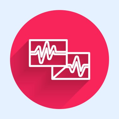 Uzun gölgeli, kardiyogram ikonlu beyaz çizgi bilgisayar monitörü. Simge denetleniyor. Kalp atışı elle çizilmiş EKG monitörü. Kırmızı daire düğmesi. Vektör.