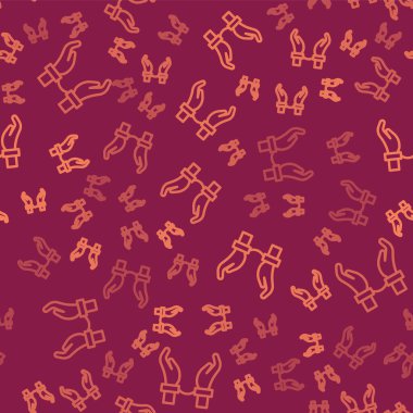 Suçlu adam ikonunun ellerinde kahverengi çizgili kelepçe kırmızı arka planda izole edilmiş kusursuz desen. Tutuklanan adam kelepçeli. Suç, tutuklama, iş ve yolsuzluk kavramı. Vektör.