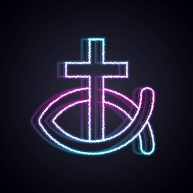 Parlayan neon hattı Hıristiyan balık sembolü siyah arka planda izole edilmiş. İsa 'nın balık sembolü. Vektör.