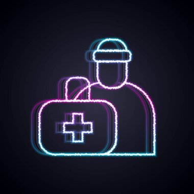 Parlayan neon hattı ilk yardım çantası simgesi siyah arkaplanda izole edildi. Haçlı sağlık kutusu. Acil durumlar için tıbbi ekipman. Sağlık sigortası konsepti. Vektör