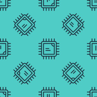 Mikrodevreleri olan siyah çizgi bilgisayar işlemcisi. İşlemci simgesi, yeşil arkaplandaki dikişsiz deseni izole etti. Devre kartlı çip ya da işlemci. Mikro işlemci. Vektör