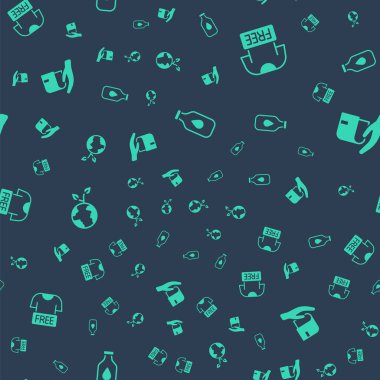 Bir şişe su, kıyafet bağışı, gönüllü ekibin ağaç dikmesi ve kusursuz desenler üzerine kitap. Vektör