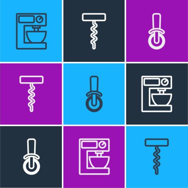 Elektrik karıştırıcı, pizza bıçağı ve şarap tirbuşonu ikonu. Vektör