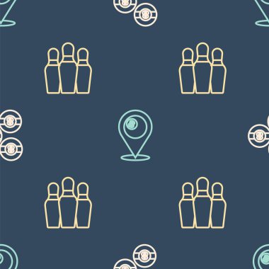 Çizgi bilardo topu, bovling pimi ve bilardo sahası. Vektör