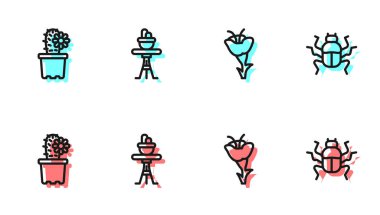 Sıra Çiçek, kaktüs kaktüsü, masaya bitki ve böcek ikonu. Vektör