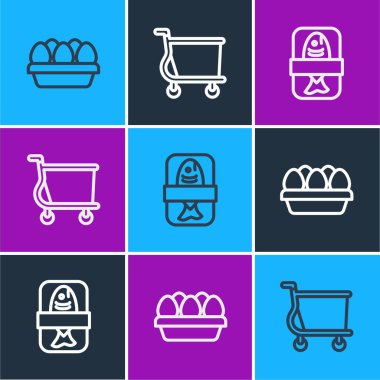 Tavuk yumurtasını kutuya koy, balık plastik tepsisi kabı ve alışveriş arabası ikonu. Vektör