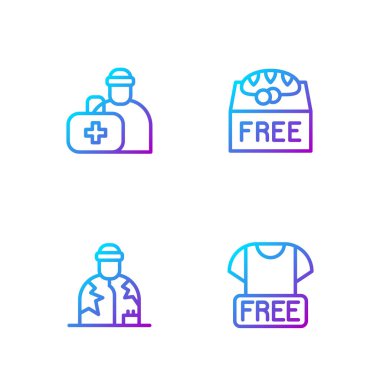 Kıyafet bağışı, Evsiz, ilk yardım çantası ve bağış yemeği. Renk simgeleri. Vektör