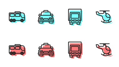Hattı kurun. Kargo kamyonu, otobüs, taksi ve helikopter ikonu. Vektör