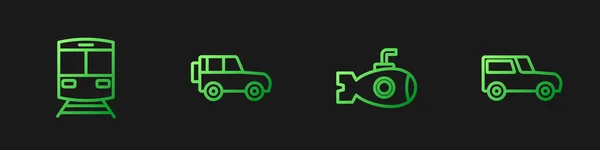 Set Lijn Onderzeeër Trein Trein Road Auto Auto Gradiënt Kleurpictogrammen — Stockvector