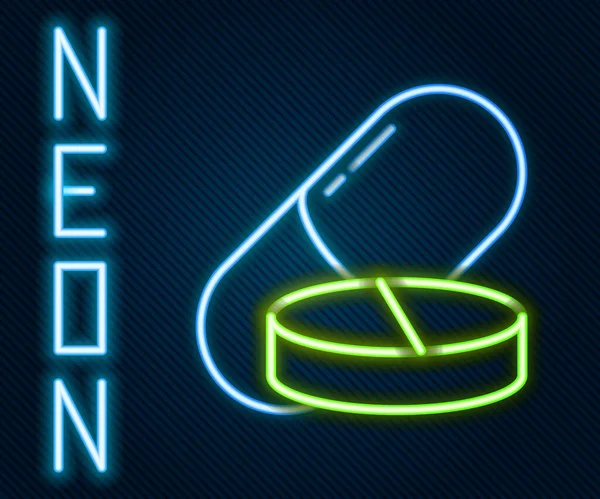 Gloeiende neon lijn Medicijn pil of tablet pictogram geïsoleerd op zwarte achtergrond. Capsule pil en drugsteken. Farmaceutisch ontwerp. Kleurrijk concept. Vector Illustratie — Stockvector