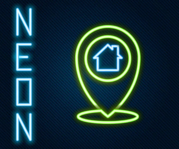 Linha de néon brilhante Mapa ponteiro com ícone de casa isolado no fundo preto. Símbolo do marcador de localização. Conceito de esboço colorido. Vetor — Vetor de Stock