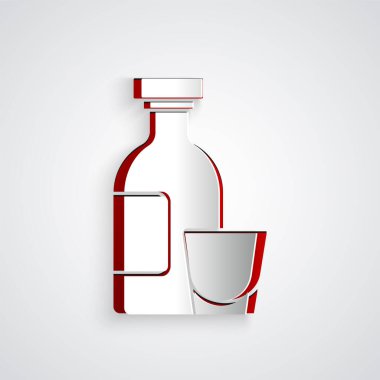 Kağıt kesiği, alkol, rom şişesi ve gri arka planda izole edilmiş cam ikon. Kağıt sanatı tarzı. Vektör