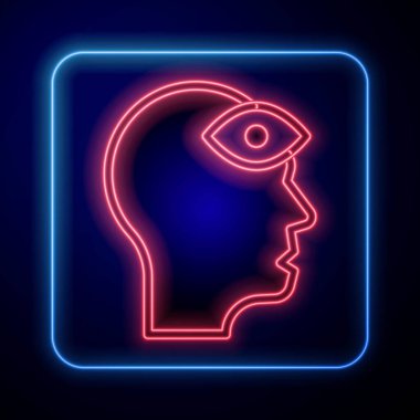 Üçüncü göz ikonu olan parlak neon adam siyah arka planda izole edildi. Meditasyon konsepti, enerji vizyonu, aura. Vektör