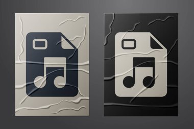 Beyaz MP3 dosya belgesi. Buruşmuş kağıt arkaplanından mp3 düğmesi simgesi indir. Mp3 müzik format işareti. MP3 dosya sembolü. Kağıt sanatı tarzı. Vektör
