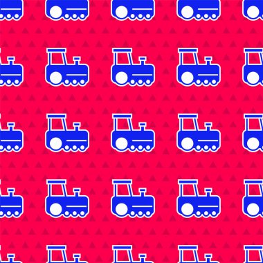 Mavi oyuncak tren ikonu kırmızı arkaplanda izole edilmiş. Vektör