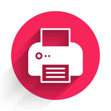 Beyaz Yazıcı simgesi uzun gölge arkaplanı ile izole edildi. Kırmızı daire düğmesi. Vektör