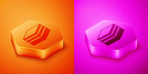 Isometric Piece of cake icon isolated on orange and pink background. Happy Birthday. Hexagon button. Vector — Stock Vector