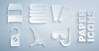 Sunbed, Plastik Palet, lütfen rahatsız etmeyin, dalış maskesi ve şnorkel, havlu yığını ve tente ikonlu sokak tezgahı. Vektör