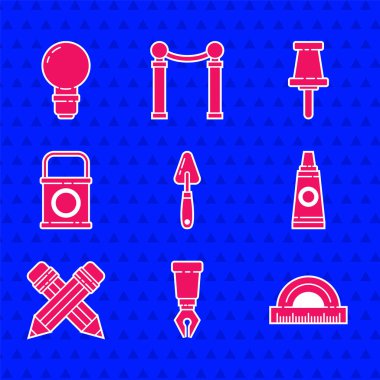 Palet bıçağı, dolmakalem ucu, paletli tüp, çapraz silgi, boya kovası, raptiye iğnesi ve ampul ikonu. Vektör