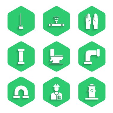 Klozet, yangın musluğu, yangın musluğu, endüstriyel metal boru, lastik eldiven ve paspas ikonu. Vektör