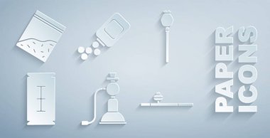 Nargile, afyon haşhaşı, jilet, pipo, ilaç şişesi, hap ve plastik torba dolusu uyuşturucu ikonu. Vektör