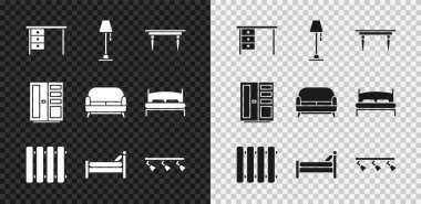 Ofis masası, zemin lambası, ahşap masa, ısıtma radyatörü, karyola lambaları, gardırop ve kanepe ikonu. Vektör