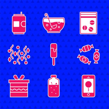 Dondurma, sıcak şarap, doğum günü mesajlı mobil, Candy, hediye kutusu, şenlikli konfeti, plastik torba uyuşturucu ve bira kutusu ikonu. Vektör