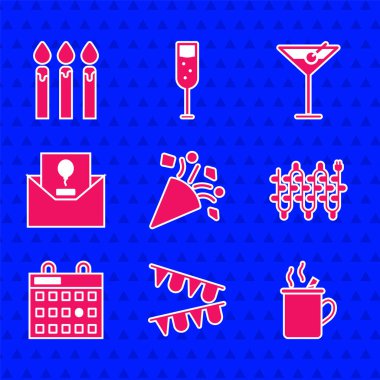 Şenlik konfetisi, bayraklı karnaval çelengi, sıcak şarap, Noel ışıkları, doğum günü takvimi, davetiye, martini bardağı ve pasta mumları ikonu. Vektör