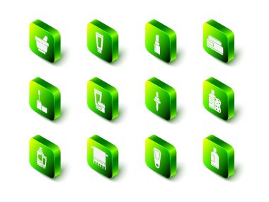 Krem veya losyon kozmetik tüpü, ruj, bir şişe şampuan ve sünger, Pipette, el aynası ve havlu askı ikonu. Vektör