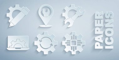 Dişlileri ve okları iş akışı olarak ayarla, İngiliz anahtarı teçhizatı, laptop, işlemci, ingiliz anahtarı ve kalem simgesi olan konum. Vektör