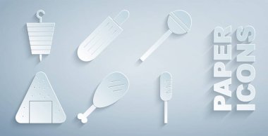 Tavuk budu, lolipop, onigiri, kızarmış sosis, Fransız sosisi ve ızgara şiş kebap ikonu. Vektör