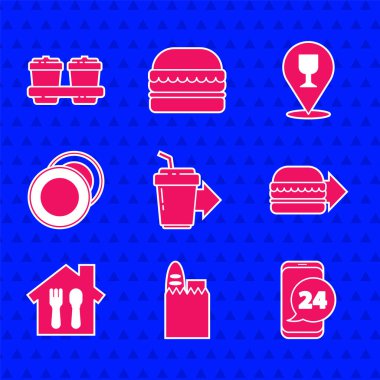 Kahve fincanını hazır et, alışveriş poşeti ve yiyecek, yemek siparişi, çevrimiçi burger teslimatı, tabak, alkollü bira barı konumu ve ikon. Vektör