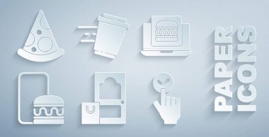 İnternetten sipariş ve teslimat, burger, kahve fincanı ve pizza ikonunu hazırla. Vektör