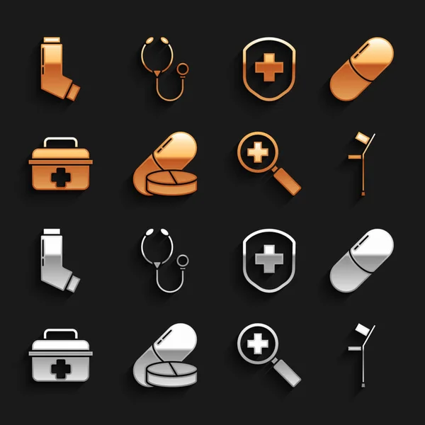 Set Medicinas píldora o tableta, muletas, lupa para la búsqueda médica, botiquín de primeros auxilios, escudo médico con cruz, inhalador y estetoscopio icono. Vector — Vector de stock