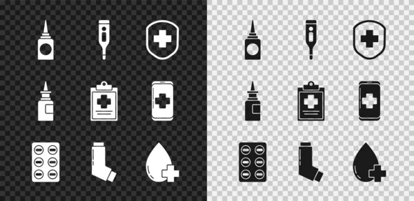 Set Bottle nasal spray, Medical digital thermometer, shield with cross, Pills in blister pack, Inhaler, Donate drop blood, and clipboard clinical record icon. Vector — Stock Vector