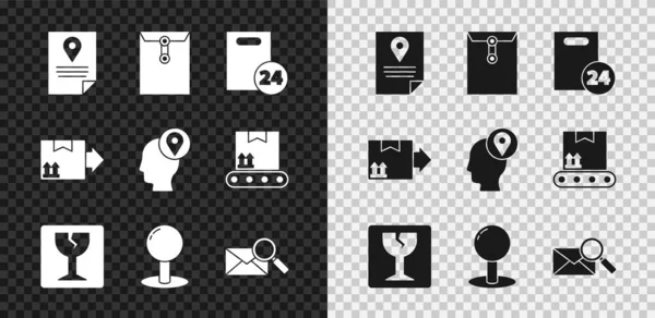 Set Dokumentverfolgungsmarkierungssystem, Umschlag, Lieferung mit Kartons, Zerbrechliche Glasscherben, Stecknadel, Lupe, Verkehrssymbol aus Karton und Mensch-Symbol. Vektor — Stockvektor