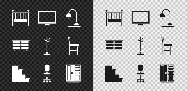 Set Babybett, Bilderrahmen auf Tisch, Tischleuchte, Treppe, Bürostuhl, Kleiderschrank, Kommode und Garderobenständer-Symbol. Vektor — Stockvektor